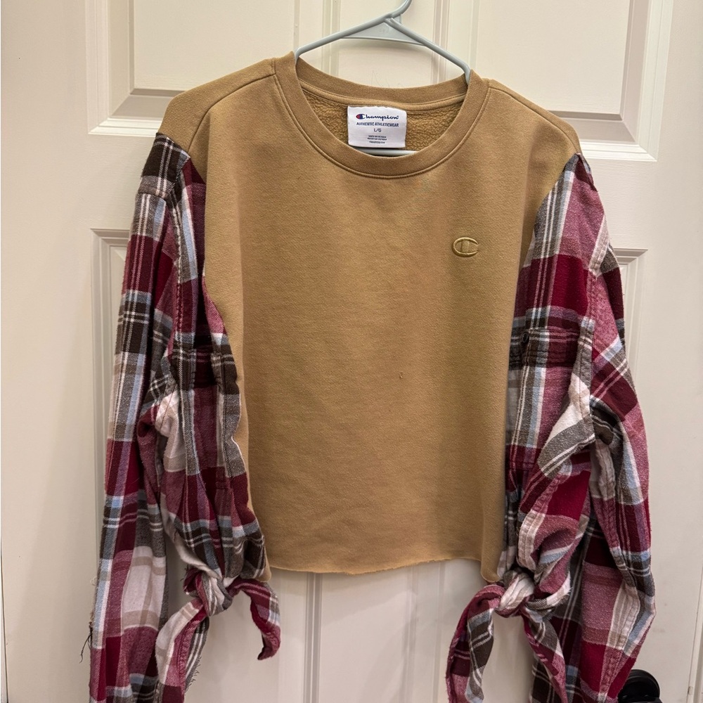 Upcycled- Handmade by me! Crewneck hoodie/ mashed with a flannel shirt!